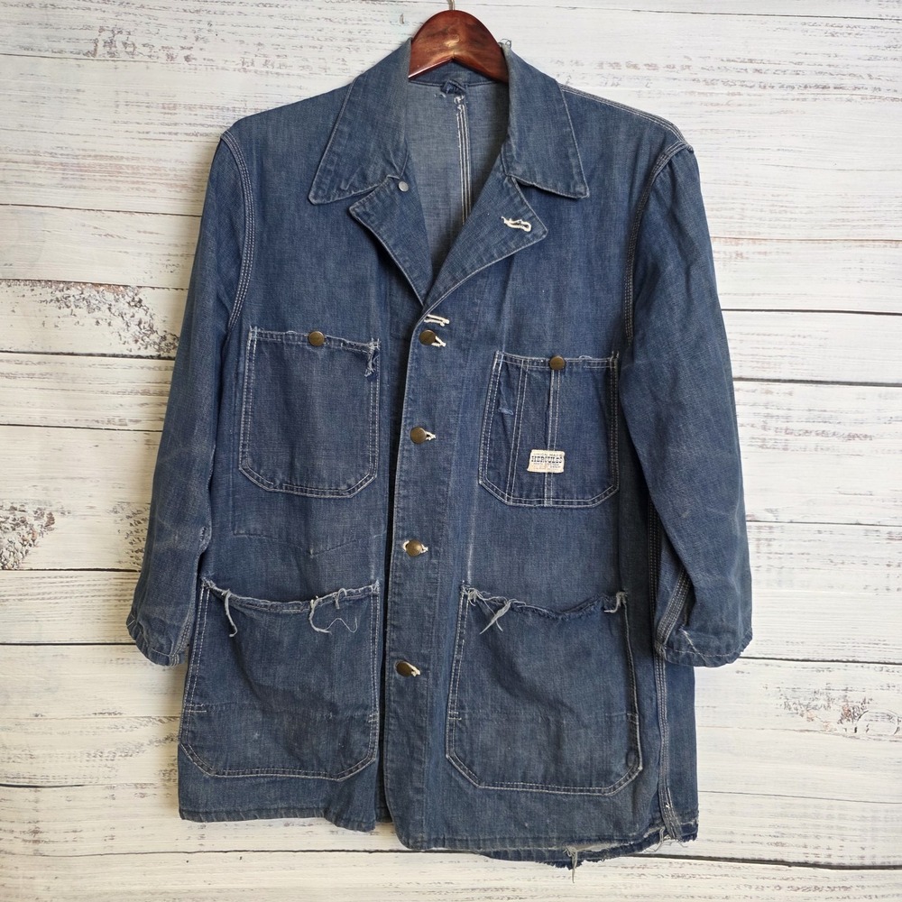 Hercules Vintage Union Made Denim Chore Coat Unlined Workwear Mens Large Thrash